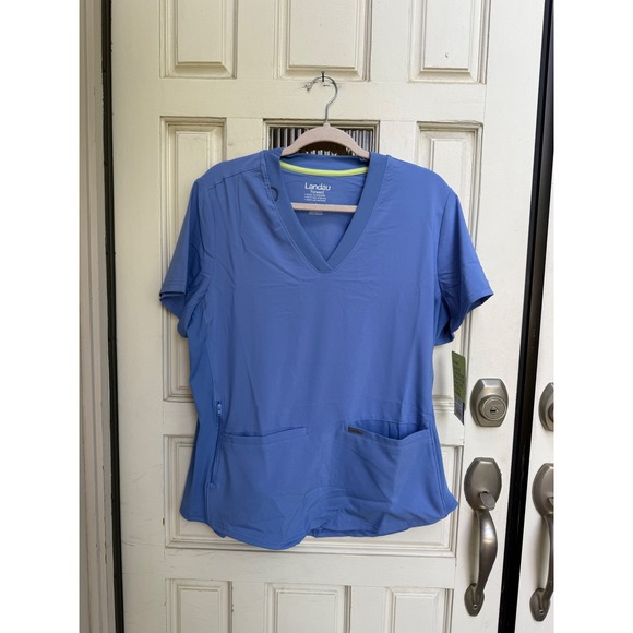 Landau Tops - Landau Forward Womens Ceil Blue Scrub Top V-Neck Rib Knit LT100 Size Large New